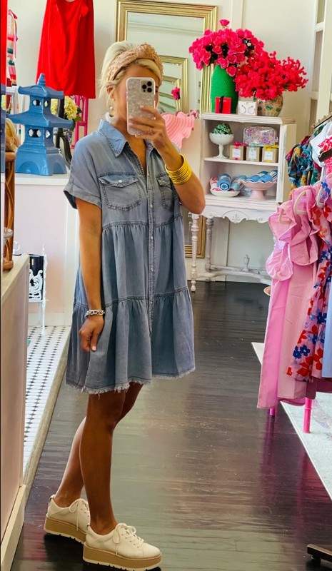 TIERED BUTTON DOWN DENIM DRESS