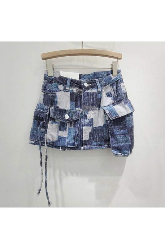 PLAID CARGO DENIM SKIRT