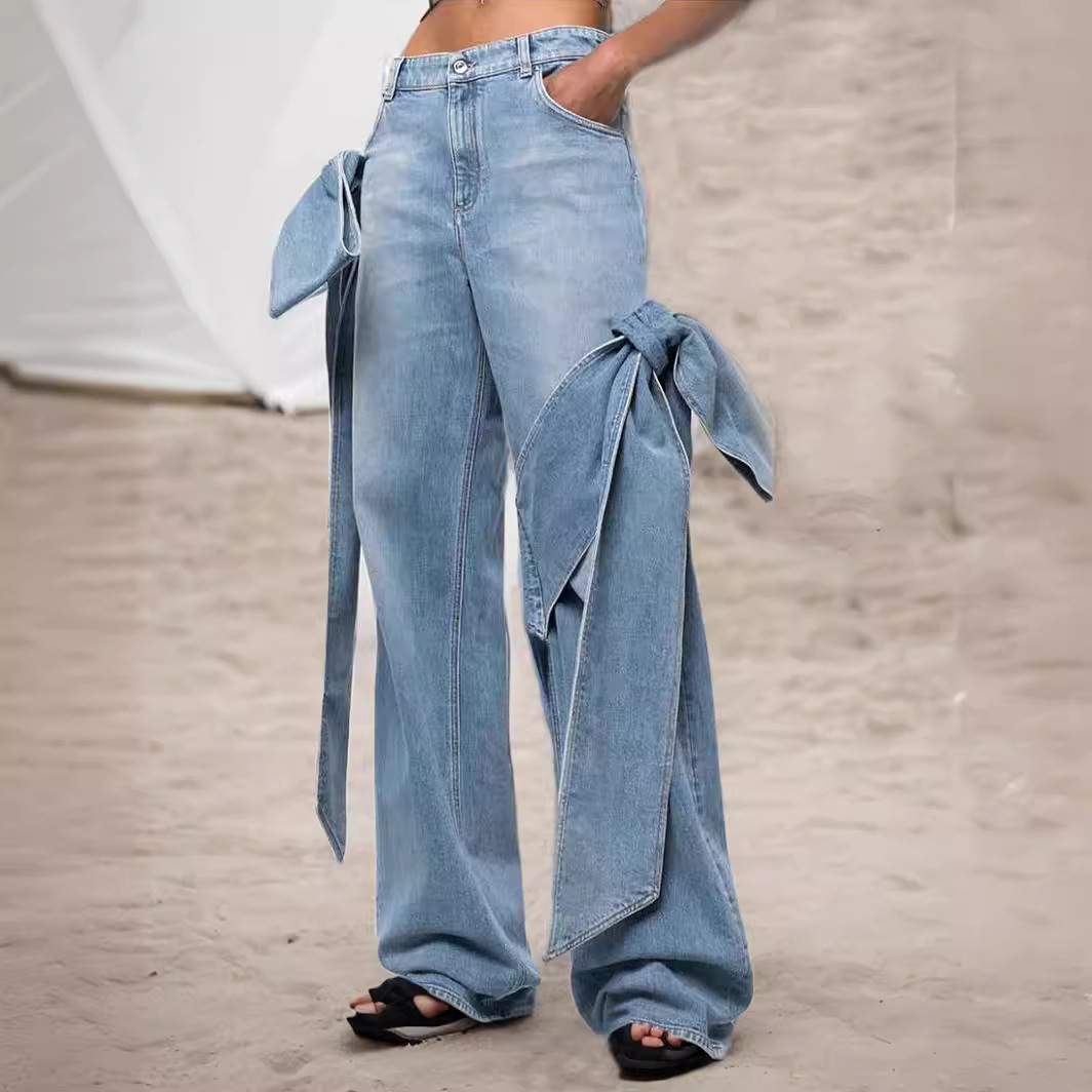 WASHED OLD STITCHING BOW WIDE LEG JEANS SENSE HIGH WAIST