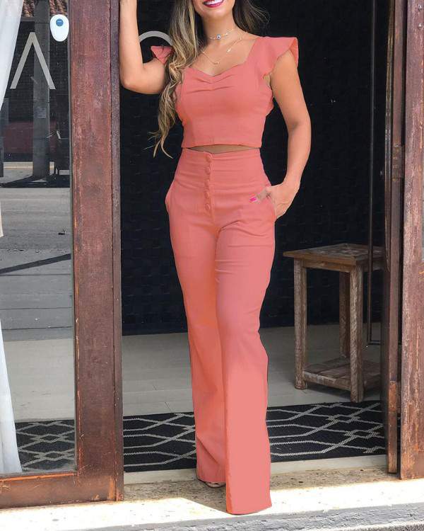 Flutter Sleeve Zip Back Top Buttoned High Waist Pants Set