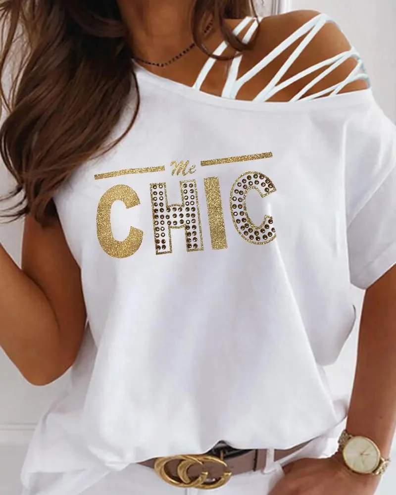 CHICME COLD SHOULDER LETTER PRINT TOP