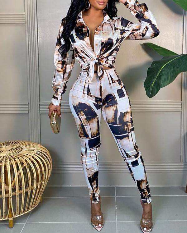 LONG SLEEVE ABSTRACT PRINT CROP TOP SKINNY PANTS SET