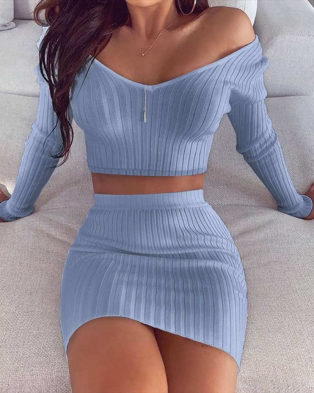 Solid Ribbed Crop Top Skirt Sets