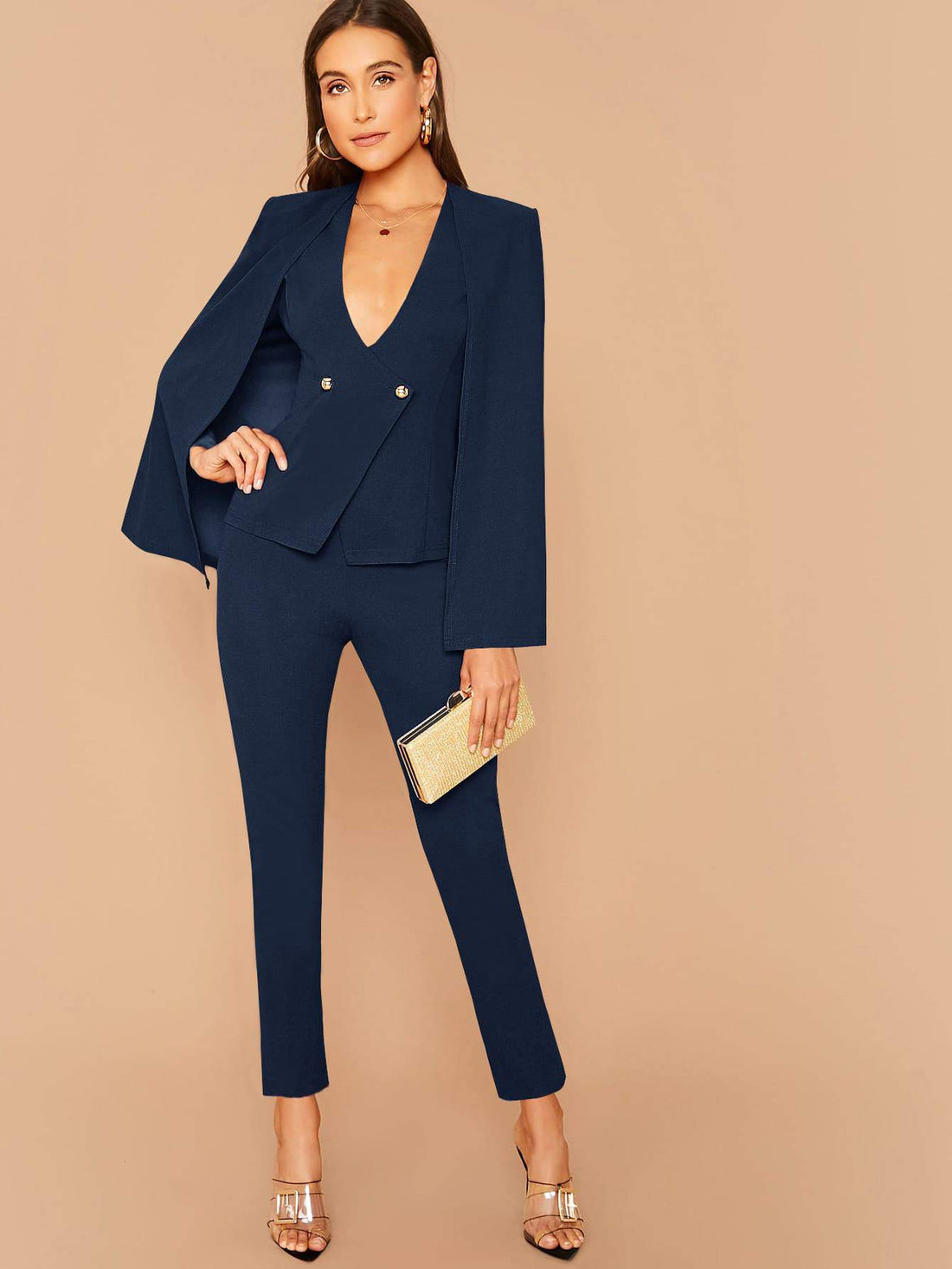 DOUBLE BREASTED CAPE BLAZER AND TAILORED PANTS SET