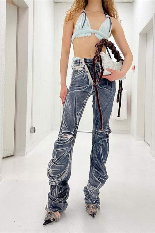 DISTRESSED PRINT BOOTCUT PANTS