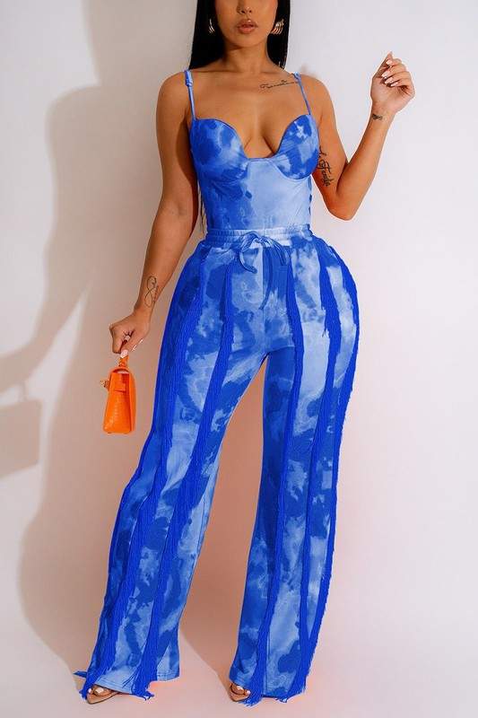 Tie Dye Graphic Bodysuit and Tassel Pants Set