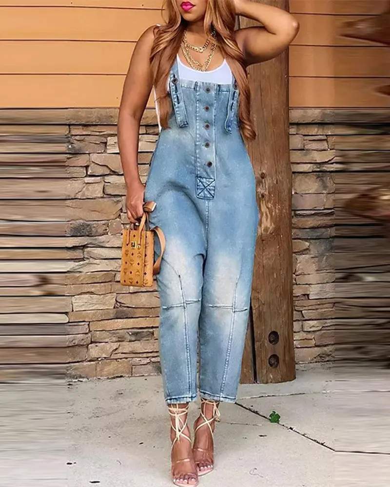 DENIM POCKET DESIGN BUTTONED SUSPENDER JUMPSUIT