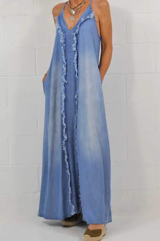 DENIM FRONT FRINGE MAXI DRESS