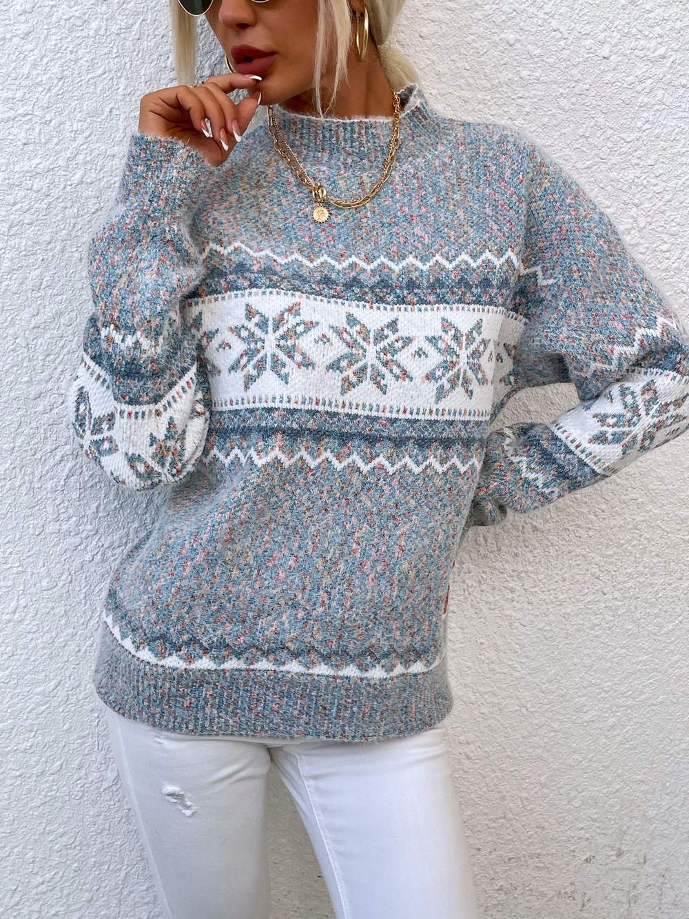  CHRISTMAS TURTLENECK HALF HIGH COLLAR SNOWFLAKE SWEATER WOMEN