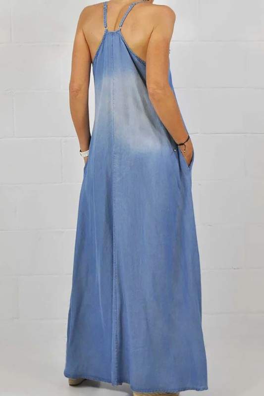 DENIM FRONT FRINGE MAXI DRESS