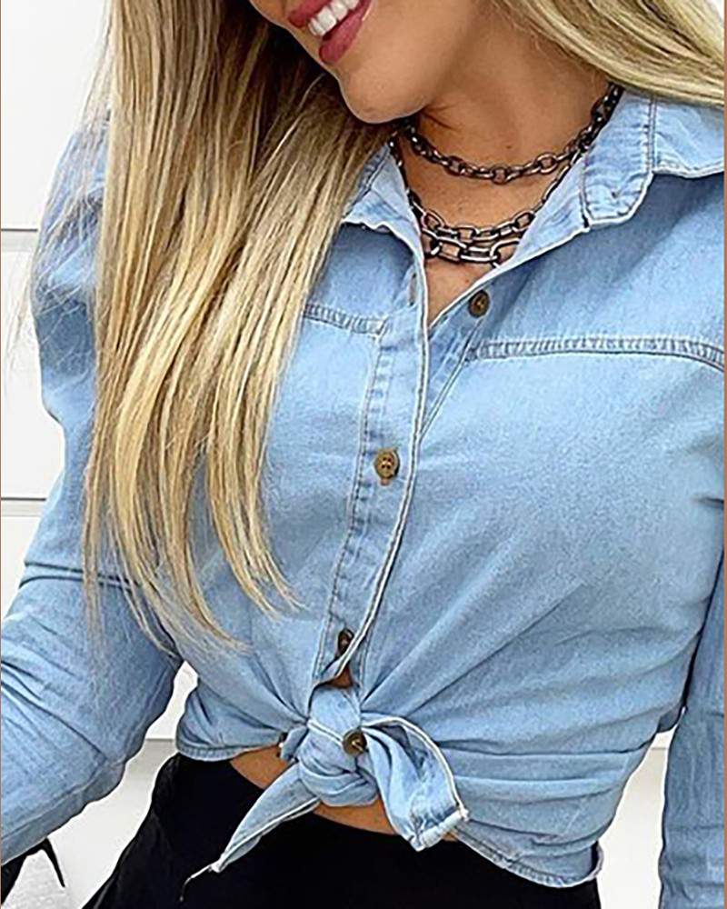 BUTTON FRONT PUFF SLEEVE CASUAL DENIM SHIRT