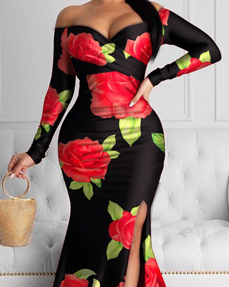 Floral Print Off Shoulder Split Evening Dress