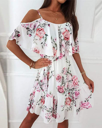 FLORAL PRINT COLD SHOULDER RUFFLE HEM CHIFFON DRESS