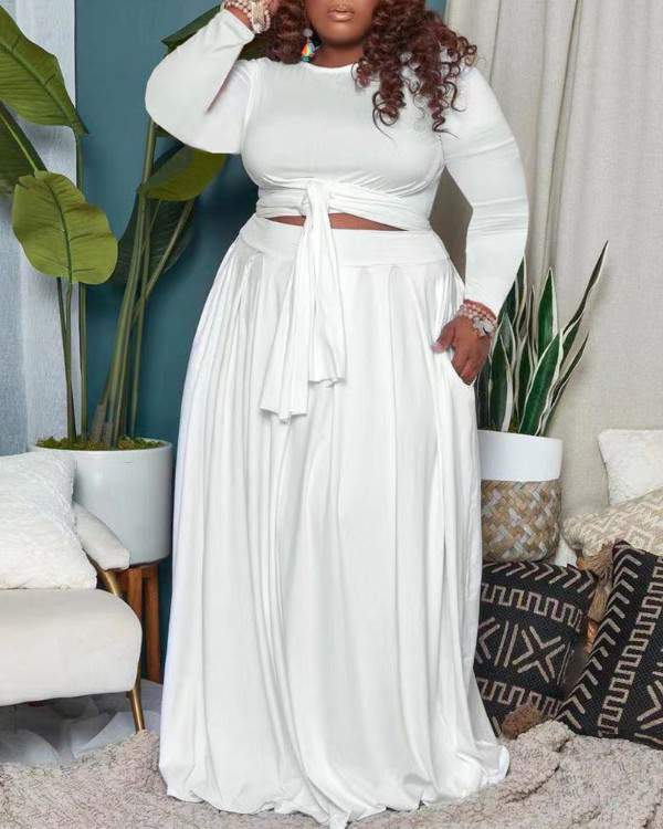 Plus Size Tied Detail Top Pocket Design Skirt Set