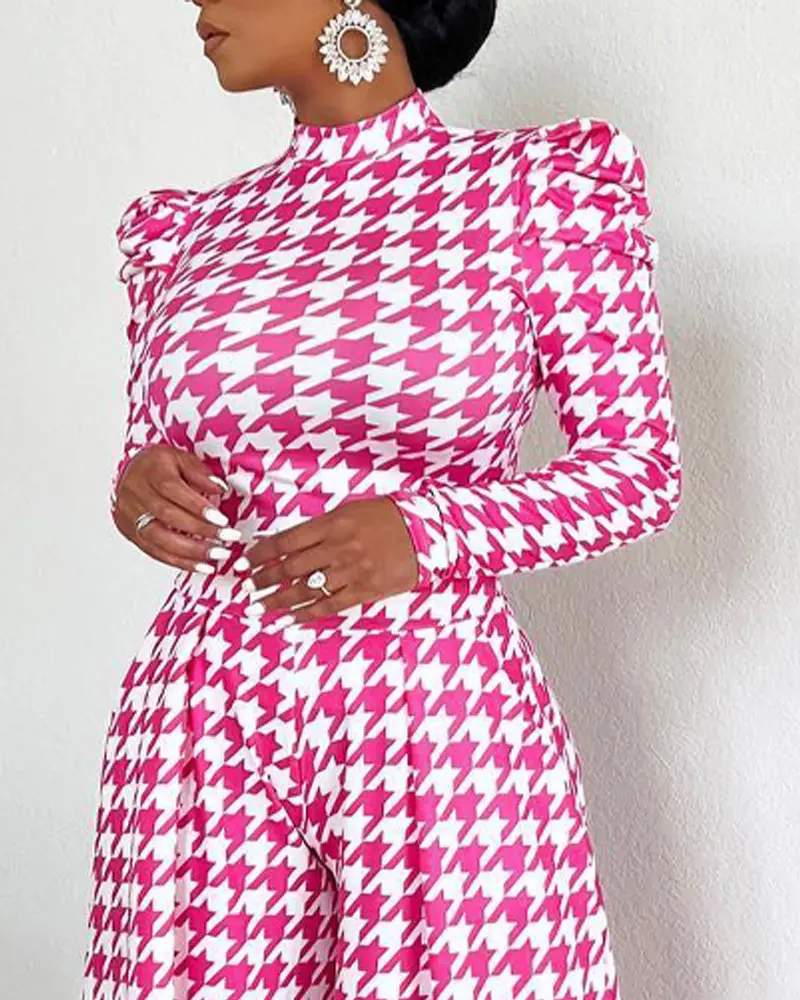 HOUNDSTOOTH PRINT PUFF SLEEVE WIDE LEG JUMPSUIT