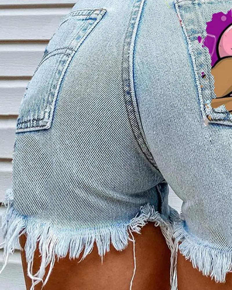 LIP LETTER PRINT RIPPED RAW HEM DENIM SHORTS