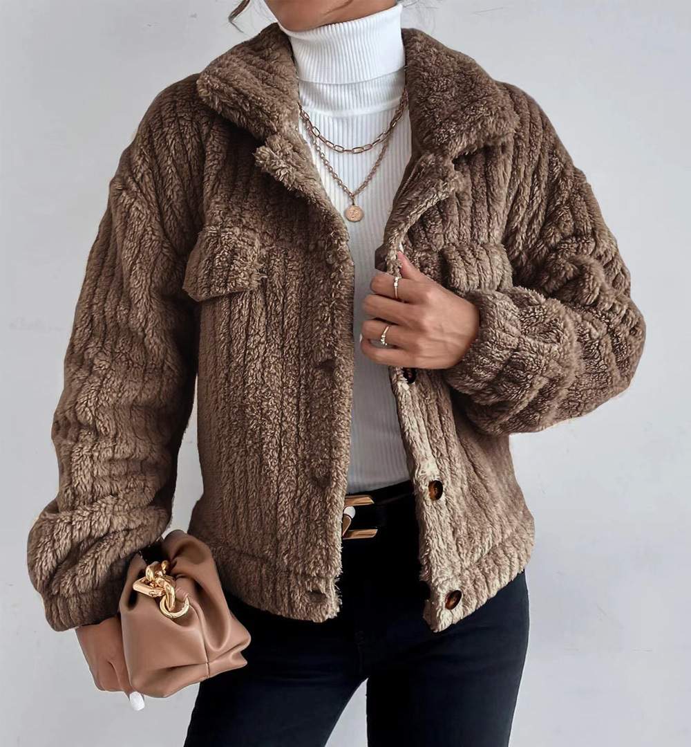 Women Winter Warm Fleece JacketLong Sleeve Corduroy Jacket Short Coat