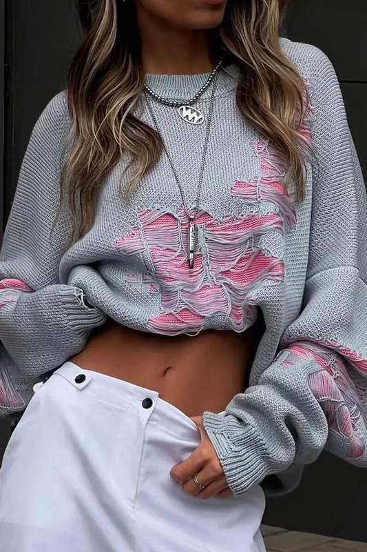 CONTRAST DISTRESSED PULLOVER SWEATER