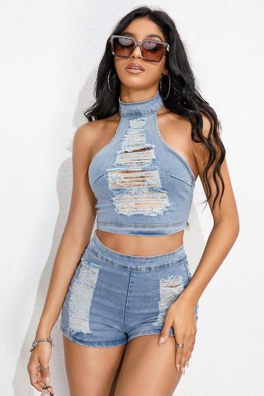 DENIM DISTRESSED CUTOUT TOP AND SHORTS SET