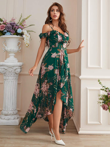 COLD SHOULDER HIGH LOW HEM ALLOVER FLORAL DRESS