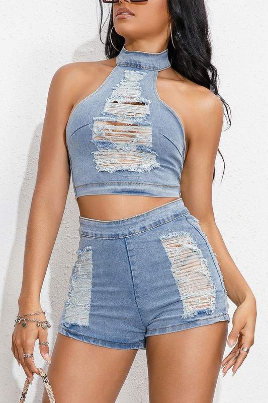 DENIM DISTRESSED CUTOUT TOP AND SHORTS SET