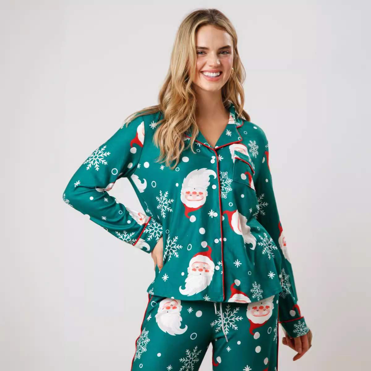 CHRISTMAS OLD MAN HEAD LONG SLEEVED PAJAMAS TWO PIECE SET WOMEN S LAPEL SHIRT PANTS SUIT