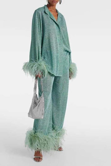 GLITTER FEATHER TRIM PAJAMA SET