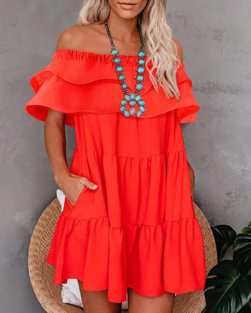 OFF SHOULDER FRILL HEM RUFFLES CASUAL DRESS