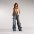  STRAP SIM WIDE LEG JEANS STYLE SPICE GIRL DISTRESSED STRAIGHT PANTS