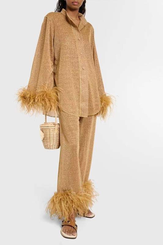 GLITTER FEATHER TRIM PAJAMA SET