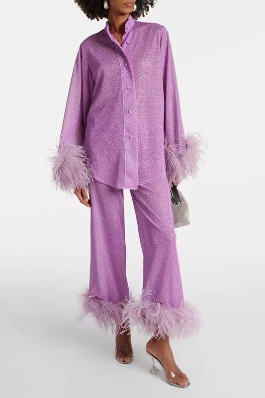 GLITTER FEATHER TRIM PAJAMA SET