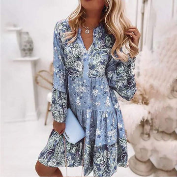 Womens V-Neck Long Sleeve Boho Floral Dress Ladies Ethnic Loose Midi Sundress