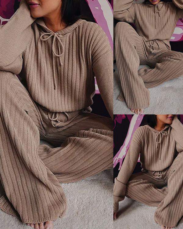 Plain Hooded Top Drawstring Pants Set