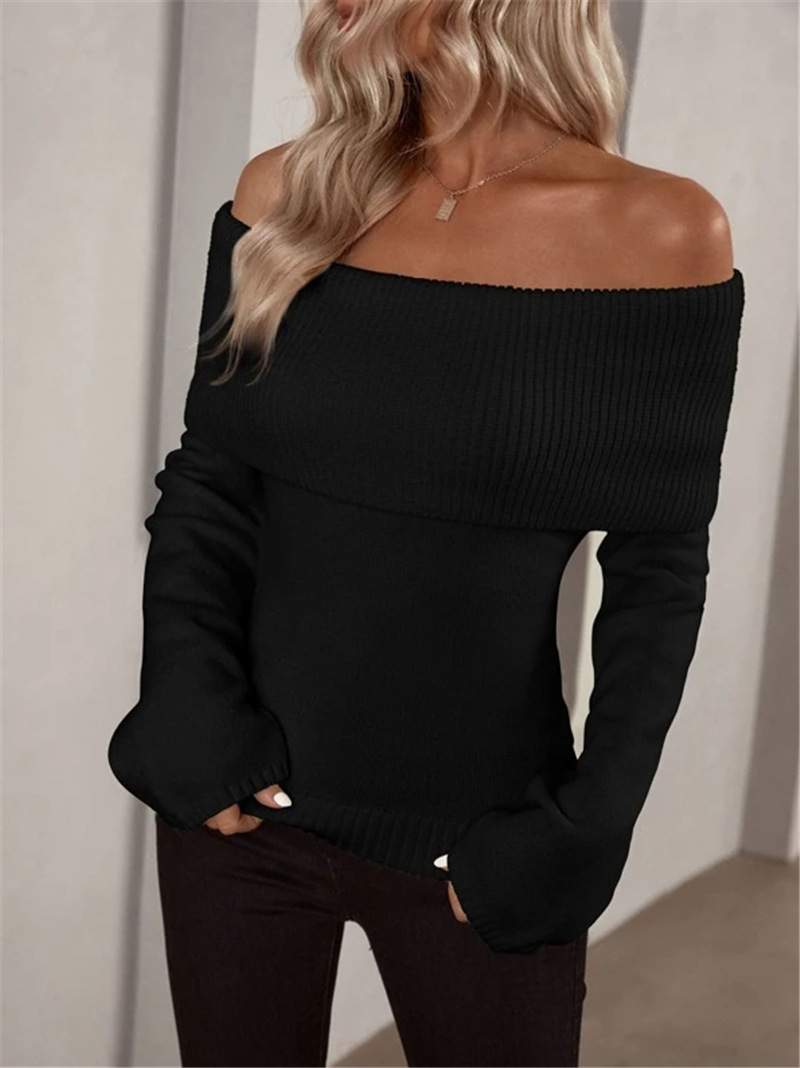 OFF NECK SLIM FIT KNITTED LONG SLEEVED SWEATER