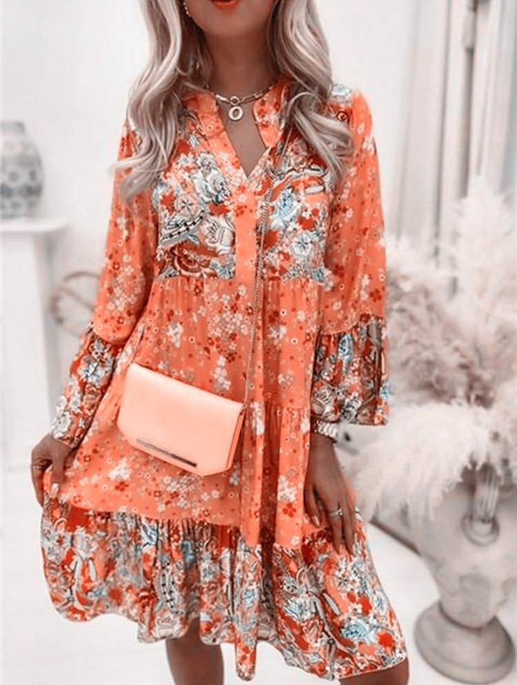 Womens V-Neck Long Sleeve Boho Floral Dress Ladies Ethnic Loose Midi Sundress