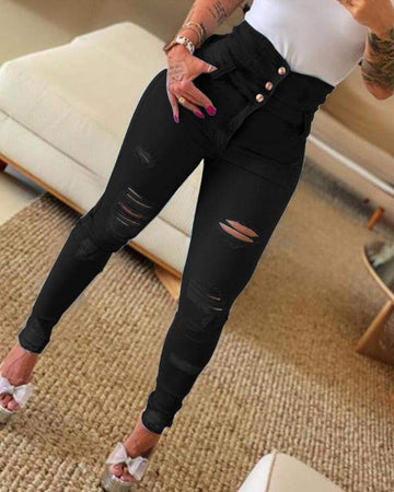 High Waist Button Ripped Skinny Jeans