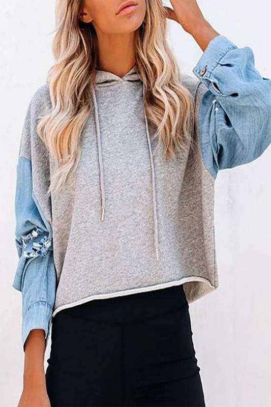 DENIM CONTRAST LONG SLEEVE HOODIE