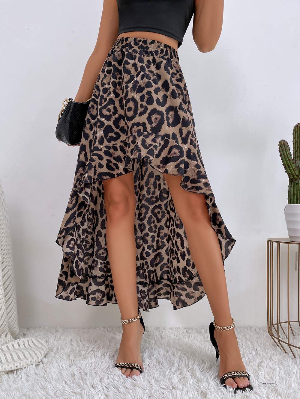 LEOPARD PRINT HIGH LOW RUFFLE HEM SKIRT