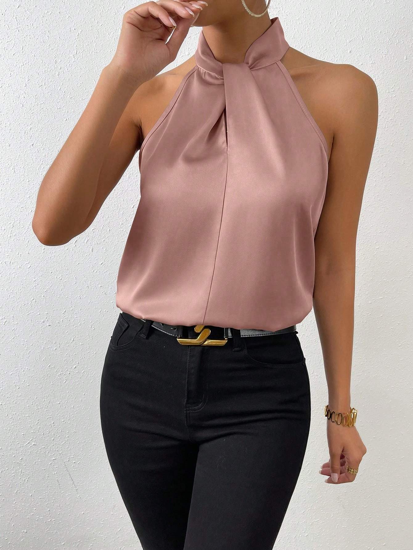 PRIV SOLID SATIN HALTER NECK BLOUSE