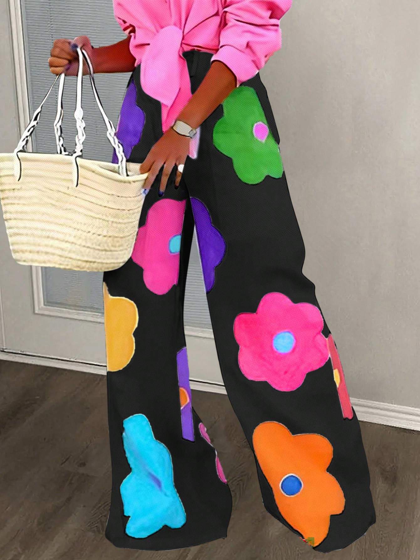 SLAYR SUMMER CASUAL VACATION COLORFUL FLOWER ALL OVER PRINTED WIDE LEG PANTS FOR WOMEN