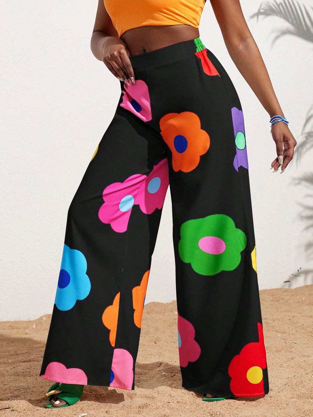 SLAYR SUMMER CASUAL VACATION COLORFUL FLOWER ALL OVER PRINTED WIDE LEG PANTS FOR WOMEN