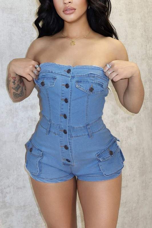 STRETCH DENIM ROMPERS