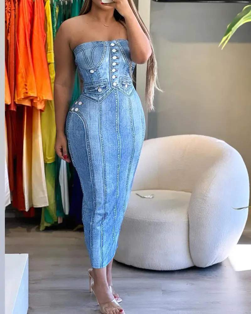 DENIM LOOK PRINT BANDEAU BODYCON DRESS