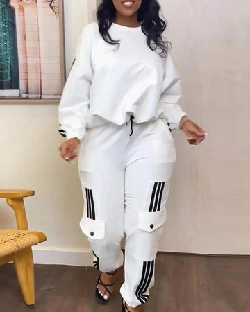 STRIPED DRAWSTRING TOP CUFFED PANTS SET