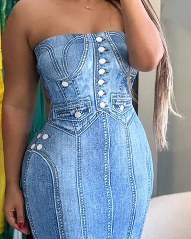 DENIM LOOK PRINT BANDEAU BODYCON DRESS