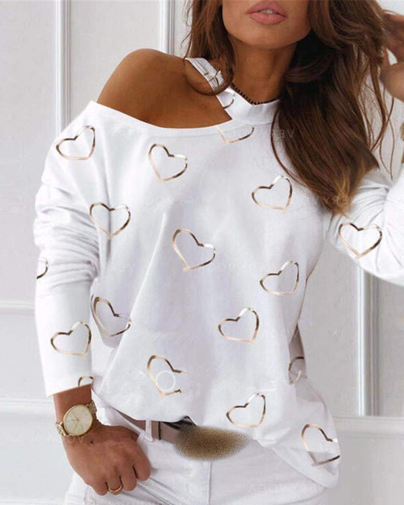 One Shoulder Heart Print Top