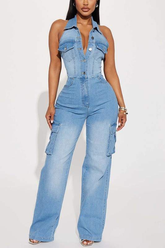 SLEEVELESS DENIM JUMPSUIT