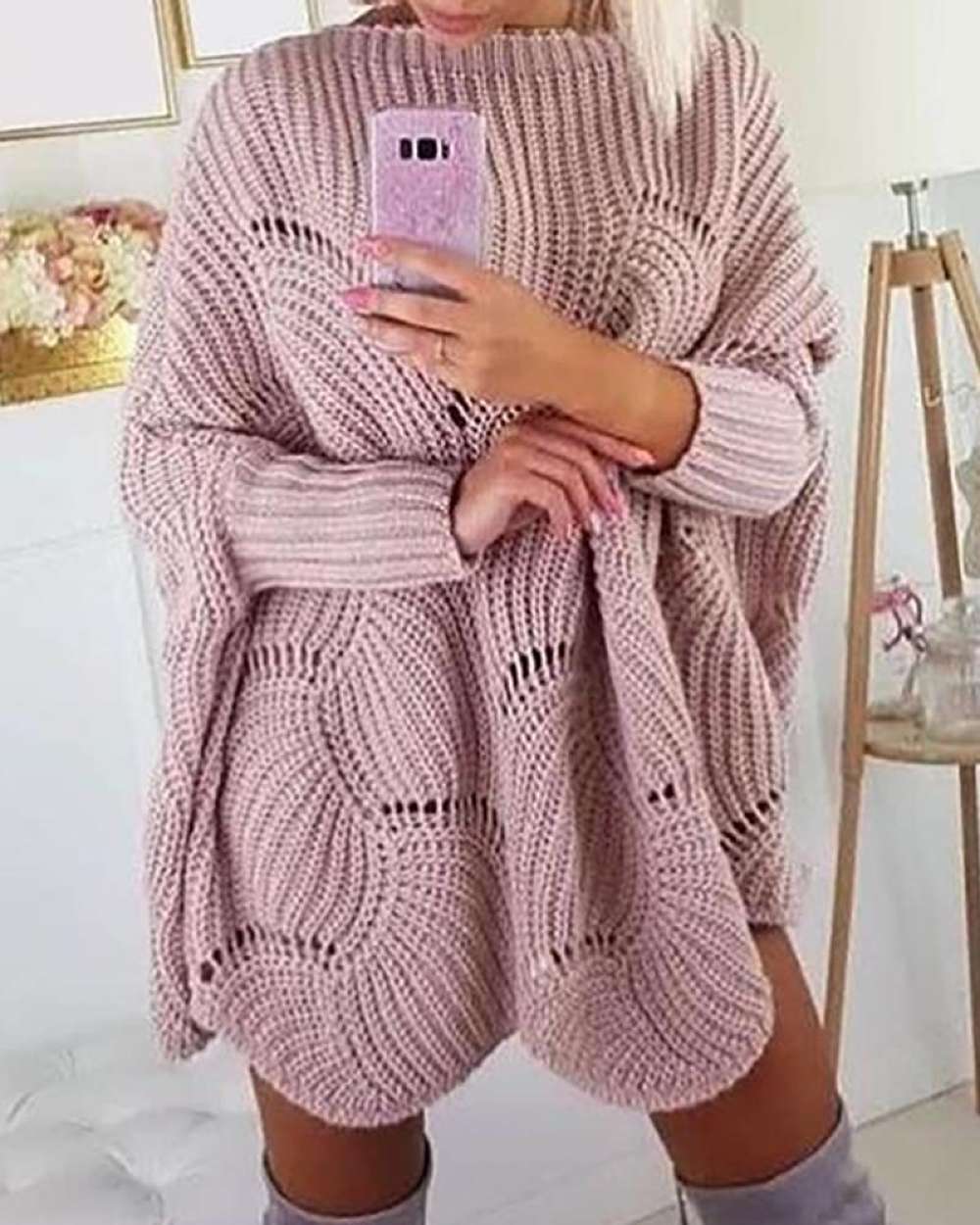 Hollow Out Batwing Sleeve Knit Sweater Dress