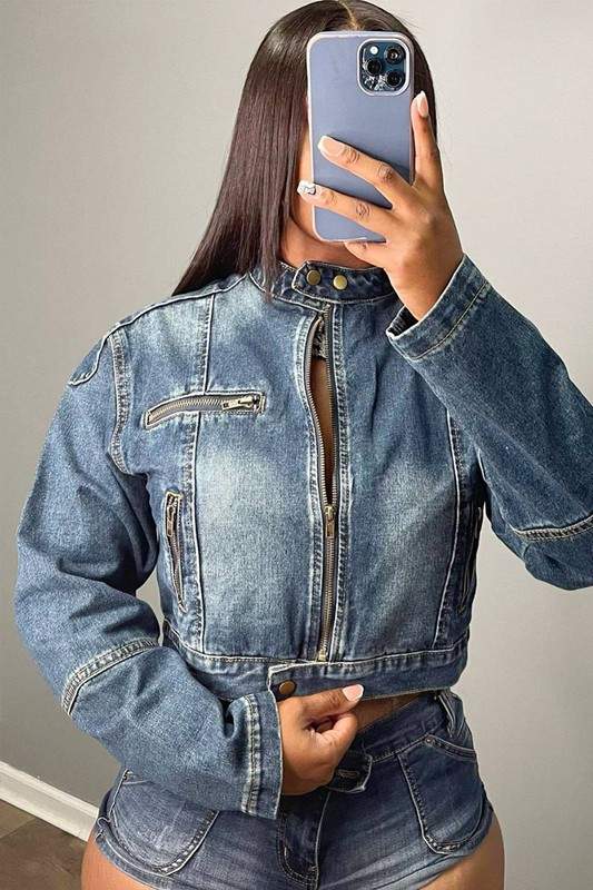 DENIM ZIP UP JACKET AND SHORTS SET