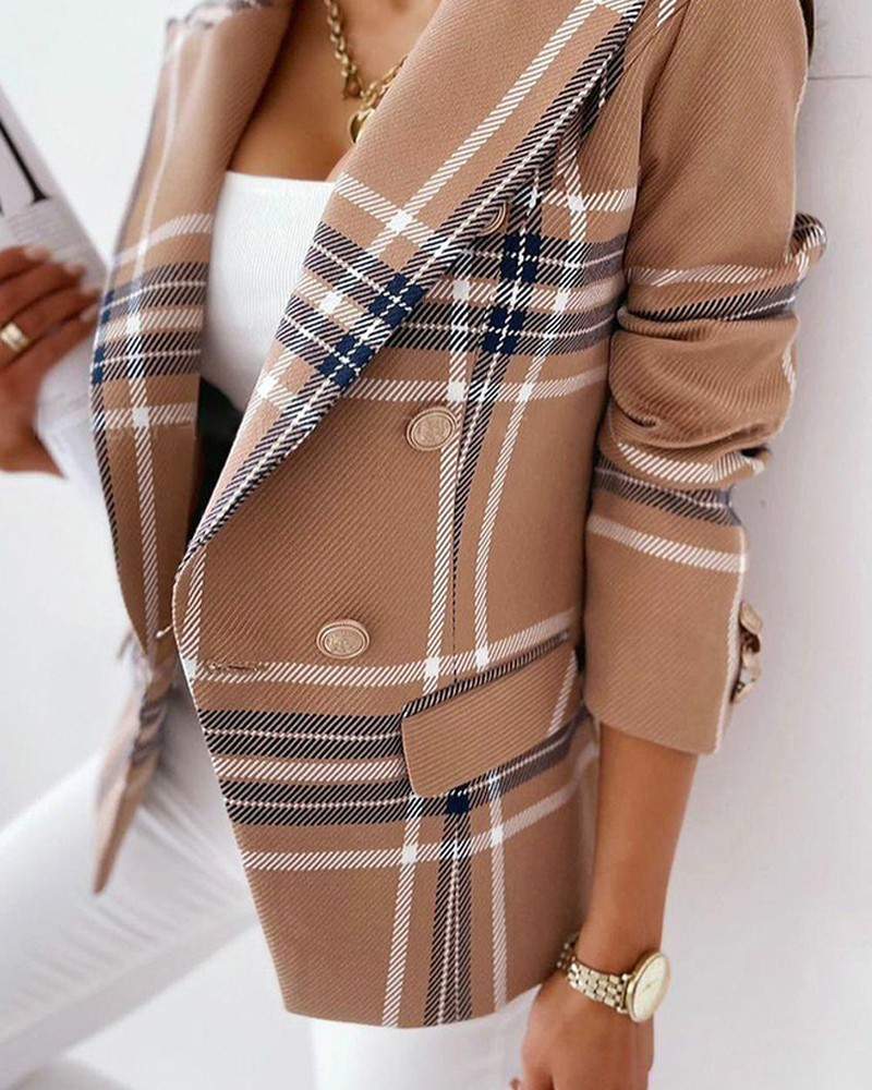 Plaid Lapel Collar Flap Detail Double Breasted Blazer